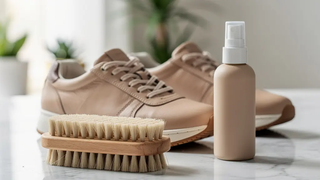 Brosse douce et spray protecteur posés à côté de baskets cuir pour entretien chaussures