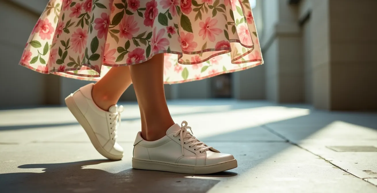 Femme portant une robe fleurie vaporeuse avec des baskets blanches dans un environnement urbain