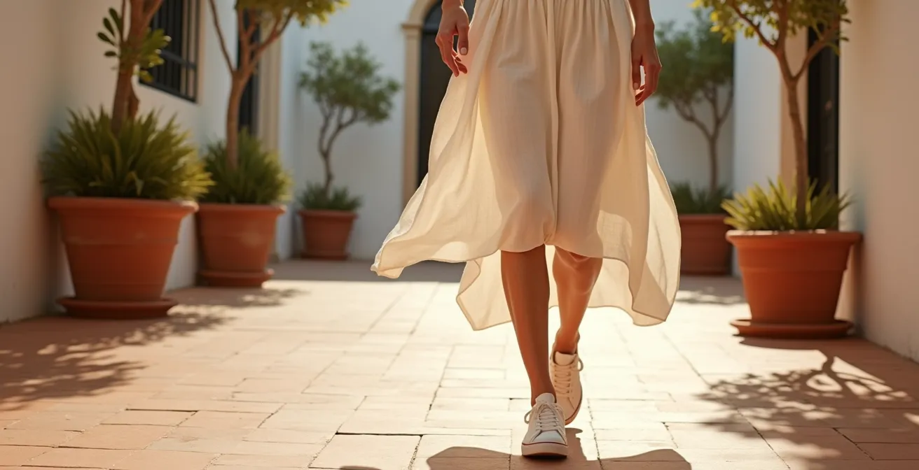 Femme élégante portant une robe longue fluide avec des baskets blanches minimalistes, montrant la cheville