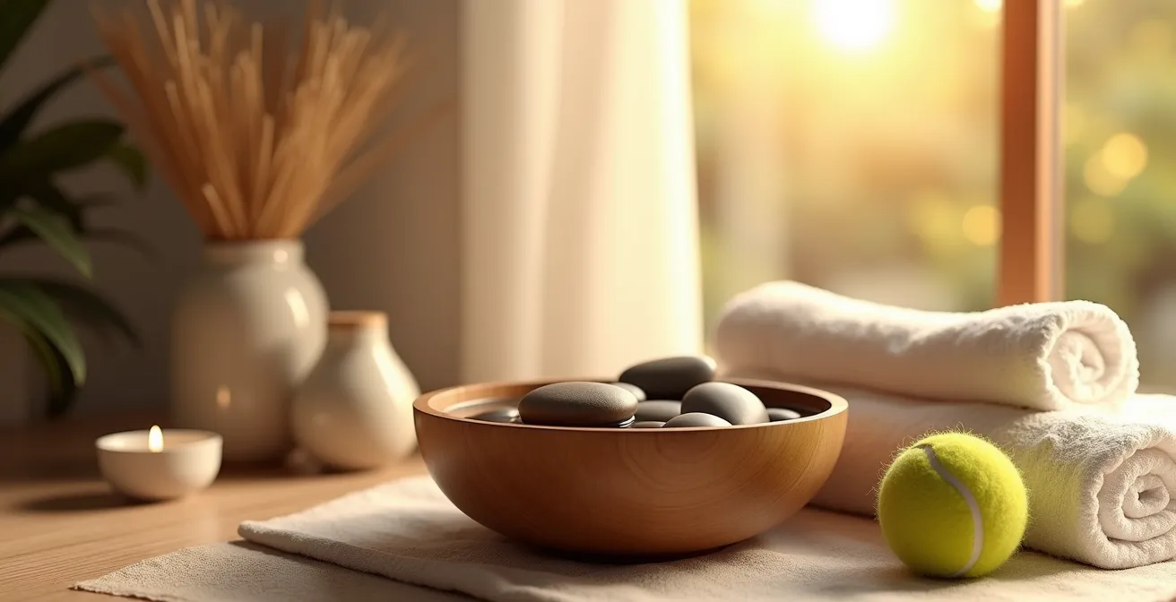 Vue d'ensemble d'un espace de relaxation avec accessoires de massage pour les pieds