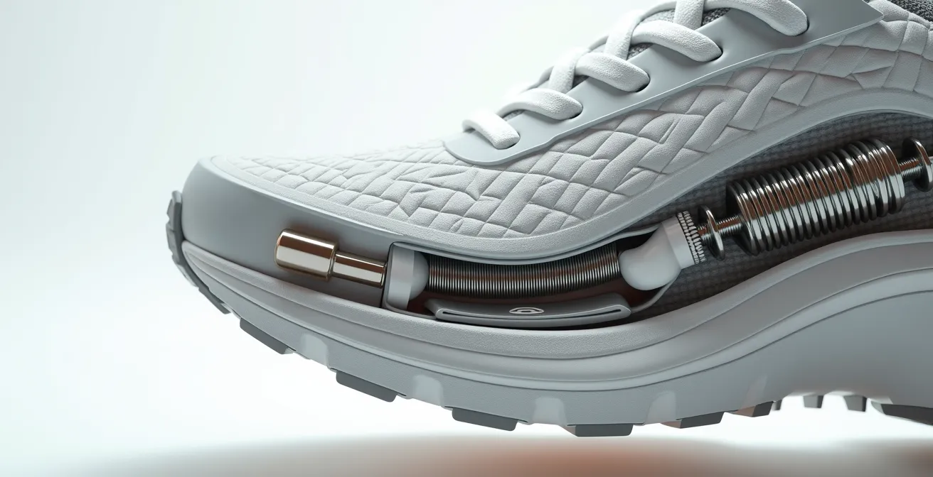 Vue macro détaillée d'une semelle architecturale avec ressorts et structures géométriques complexes