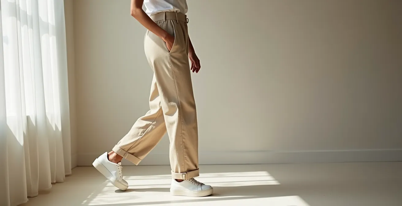 Femme en pantalon large taille haute avec baskets compensées créant une silhouette élancée
