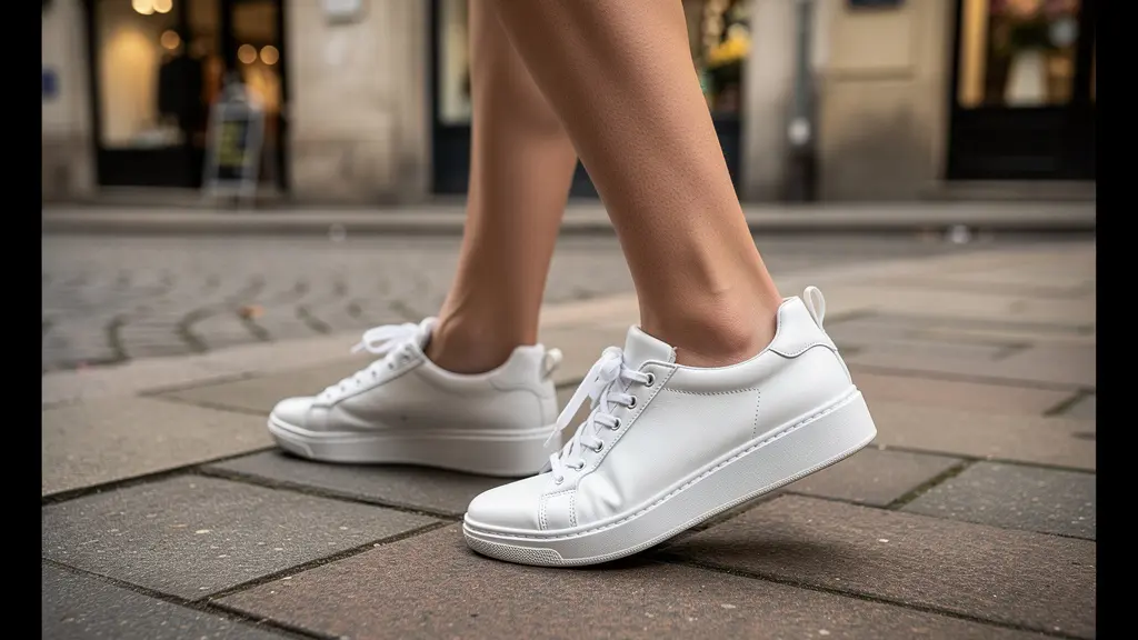 Baskets blanches impeccables portées en situation urbaine, aspect neuf conservé grâce à l'entretien