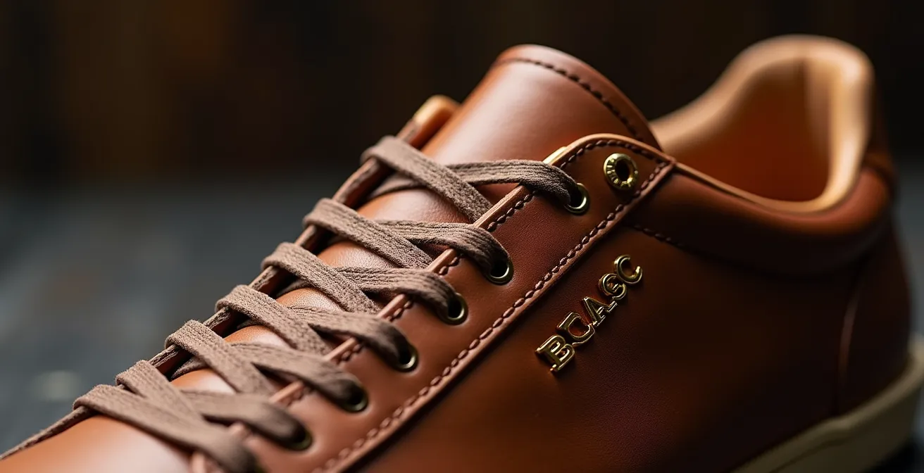 Gros plan sur des sneakers de luxe en cuir italien posées sur un bureau en bois noble