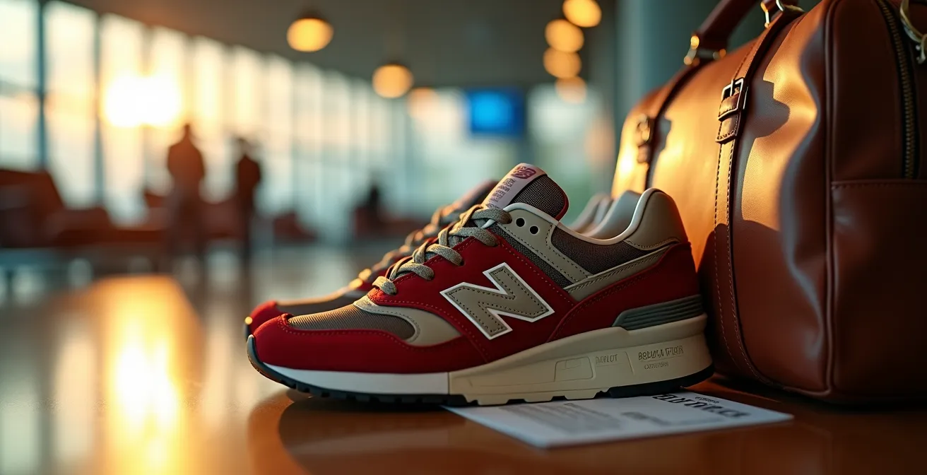 Paire de baskets rétro-running posée sur un sac de voyage en cuir dans un contexte de voyage