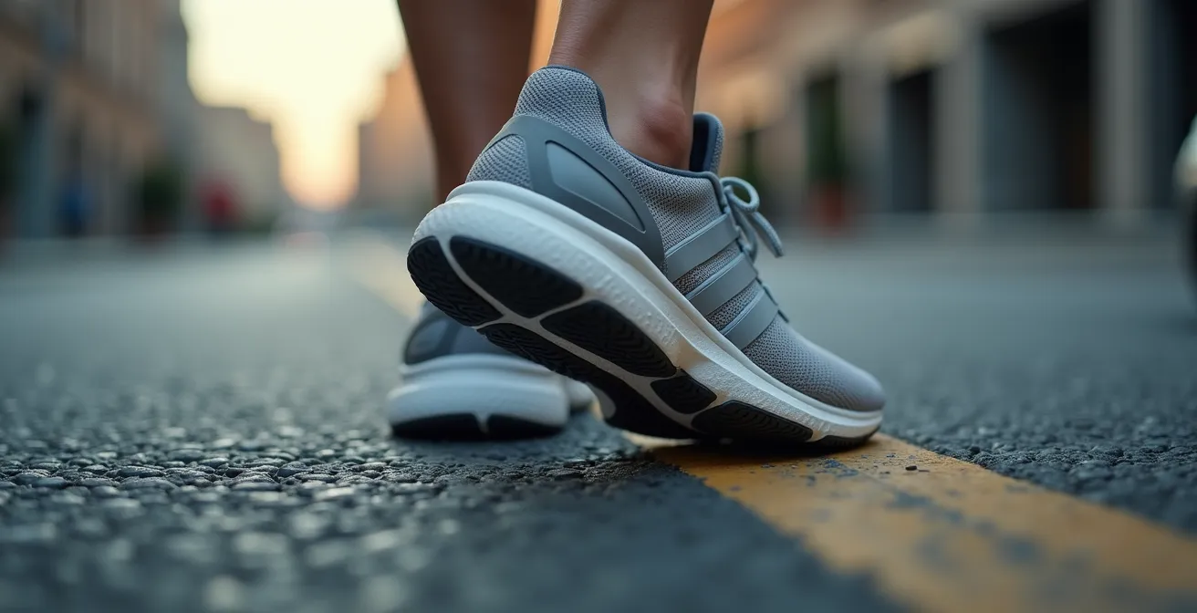 Coureur démontrant l'attaque médio-pied sur surface bitumée avec chaussures minimalistes