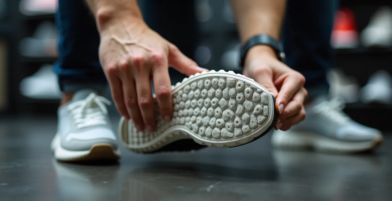 Gros plan sur une semelle épaisse de dad shoe, avec une main testant sa flexibilité et sa souplesse.