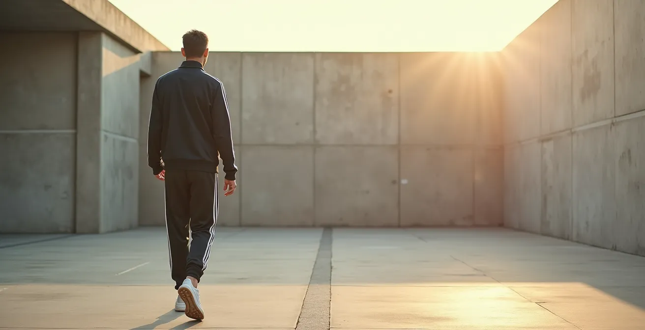 Personne portant un ensemble Adidas moderne dans un environnement urbain minimaliste