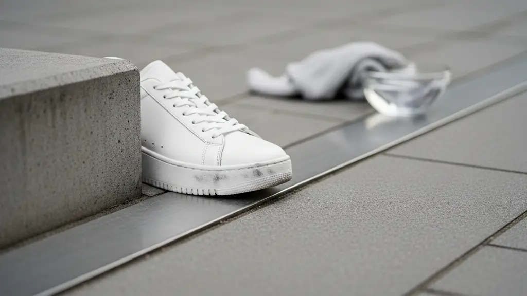 Baskets blanches à semelle épaisse près d’une bordure de trottoir en ville, montrant la tranche de semelle exposée aux frottements.