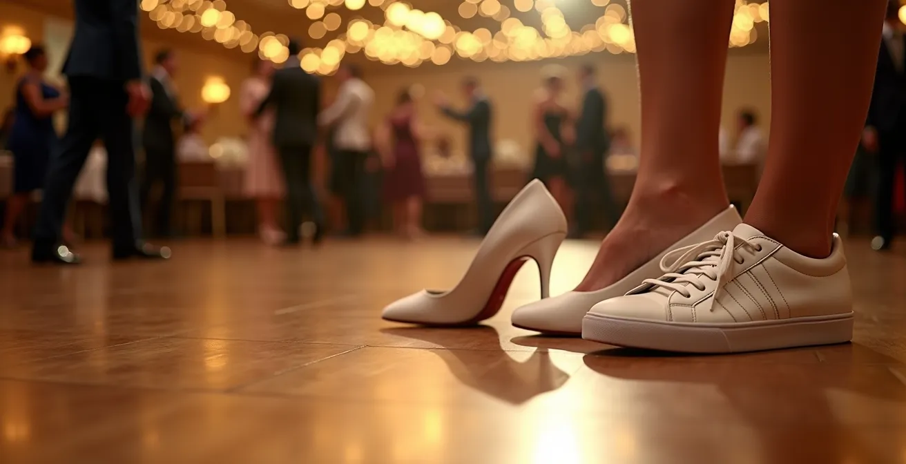 Composition minimaliste montrant des escarpins et des baskets côte à côte sur un parquet de danse