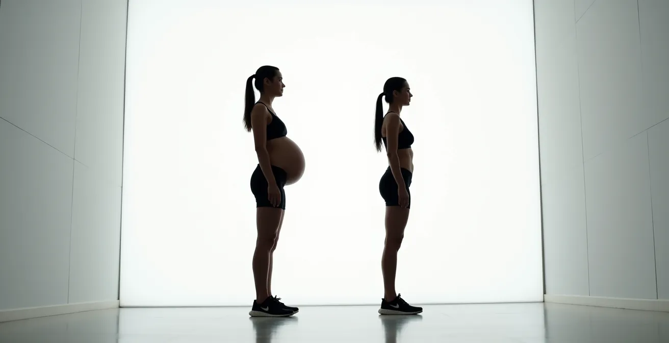 Comparaison de l'alignement postural entre chaussures à talons montrant une bascule du bassin et chaussures plates montrant une colonne vertébrale neutre