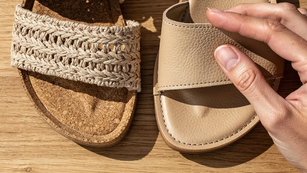 Détail de deux sandales aux matériaux différents, cuir et raphia, sur une surface en bois naturel avec main touchant la texture