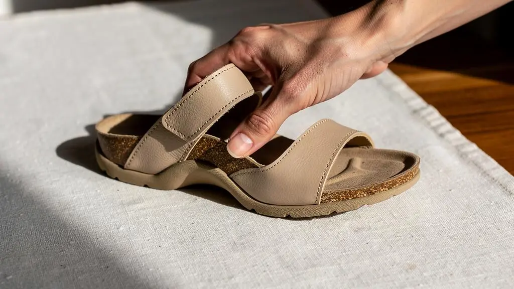 Main féminine inspectant la semelle anatomique d'une sandale en cuir, révélant la voûte plantaire galbée